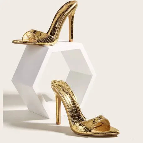 Gold Crocodile Stiletto Mules