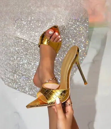 Gold Crocodile Stiletto Mules